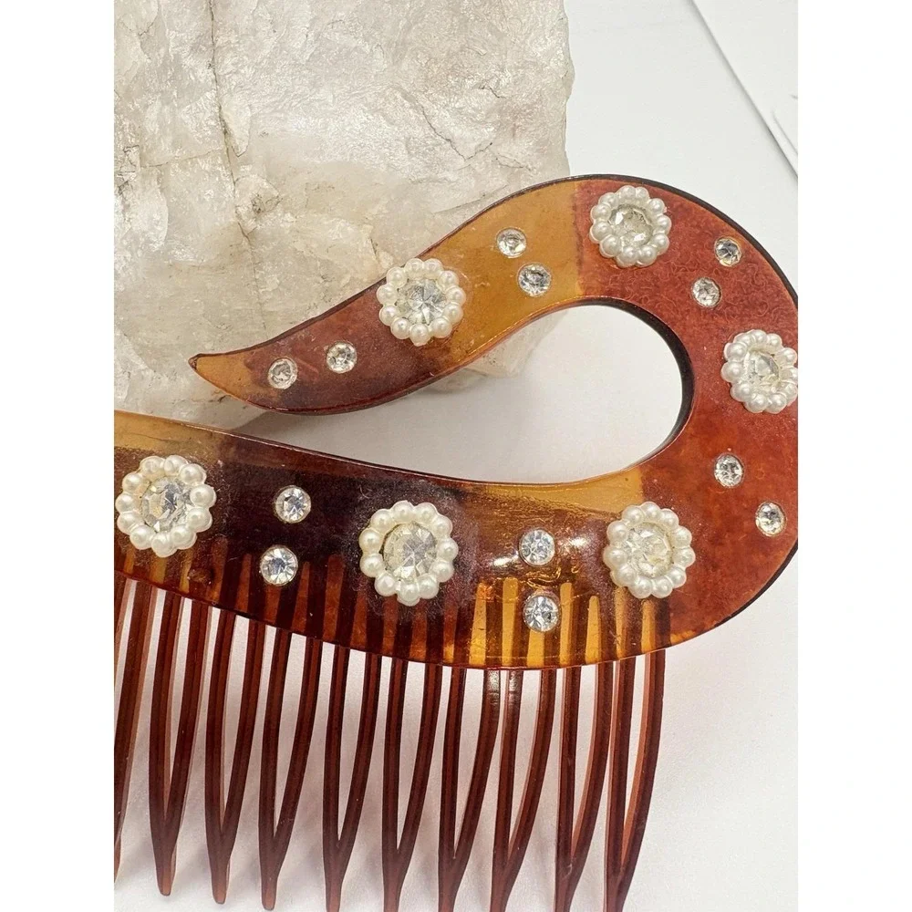 Vintage 1920s Celluloid Art‎ Deco Hair Comb Faux Tortoise Shell Rhinestone USA